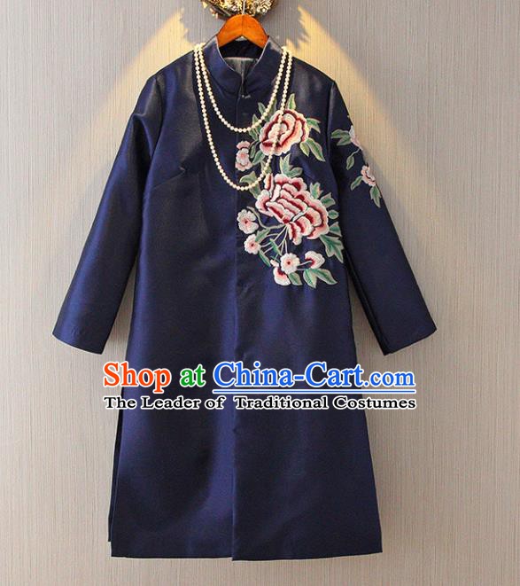 Chinese Traditional National Costume Tangsuit Embroidered Navy Dust Coat for Women