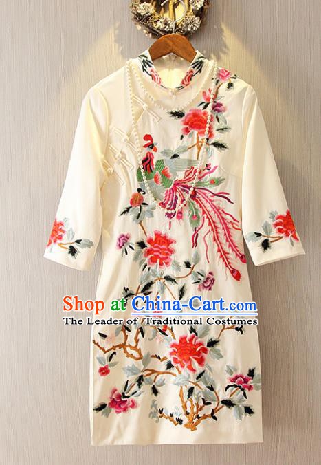 Chinese Traditional National Costume Tangsuit Embroidered Phoenix Peony White Cheongsam Dress for Women