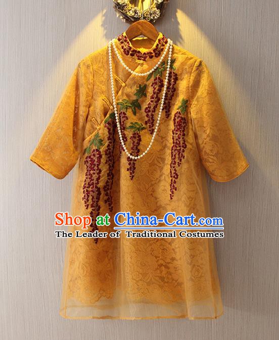 Chinese Traditional National Costume Yellow Lace Cheongsam Tangsuit Embroidered Qipao Dress for Women