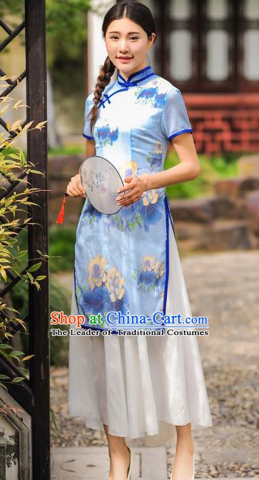 Chinese Traditional National Costume Printing Cheongsam Tangsuit Qipao Dress for Women