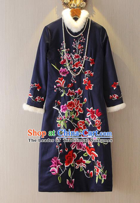 Chinese Traditional National Costume Embroidered Navy Cheongsam Tangsuit Qipao Dress for Women