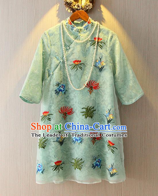 Chinese Traditional National Costume Embroidered Cheongsam Tangsuit Green Lace Qipao Dress for Women