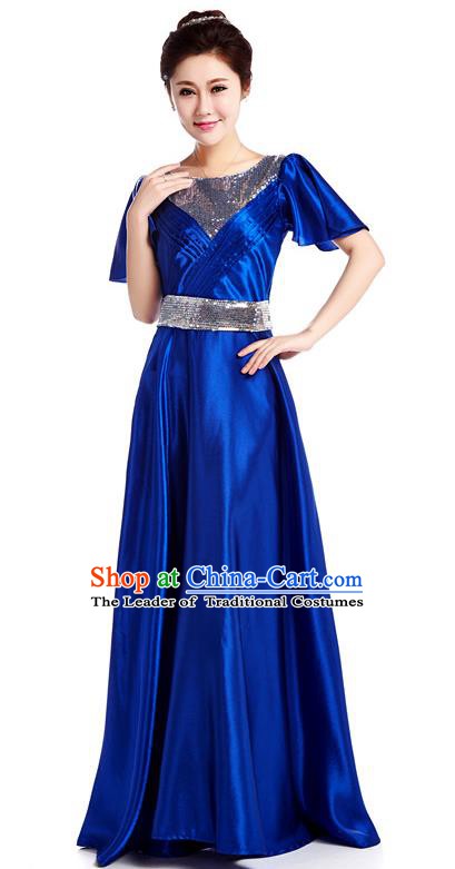 Chinese Classic Stage Performance Chorus Singing Group Costume, Chorus Competition Royalblue Dress for Women