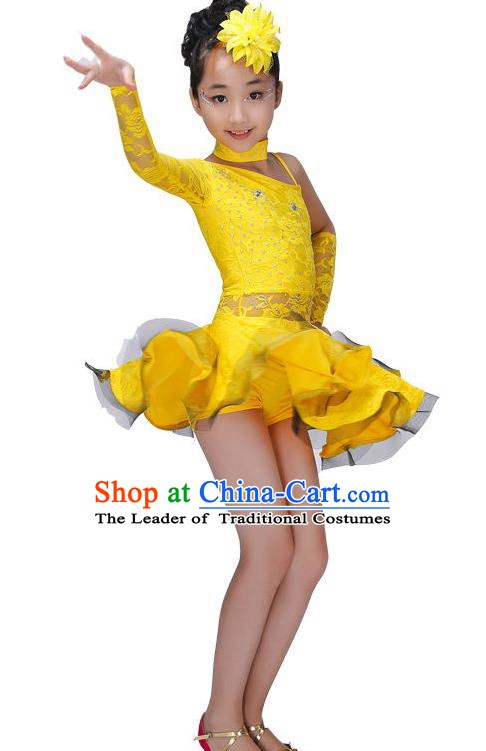 Chinese Classic Stage Performance Costume Children Modern Latin Dance Yellow Dress for Kids