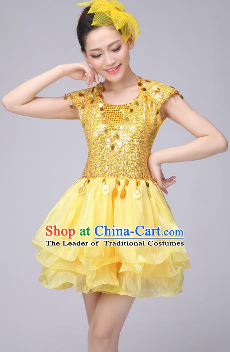 Chinese Classic Stage Performance Costume Modern Dance Yellow Bubble Dress for Women