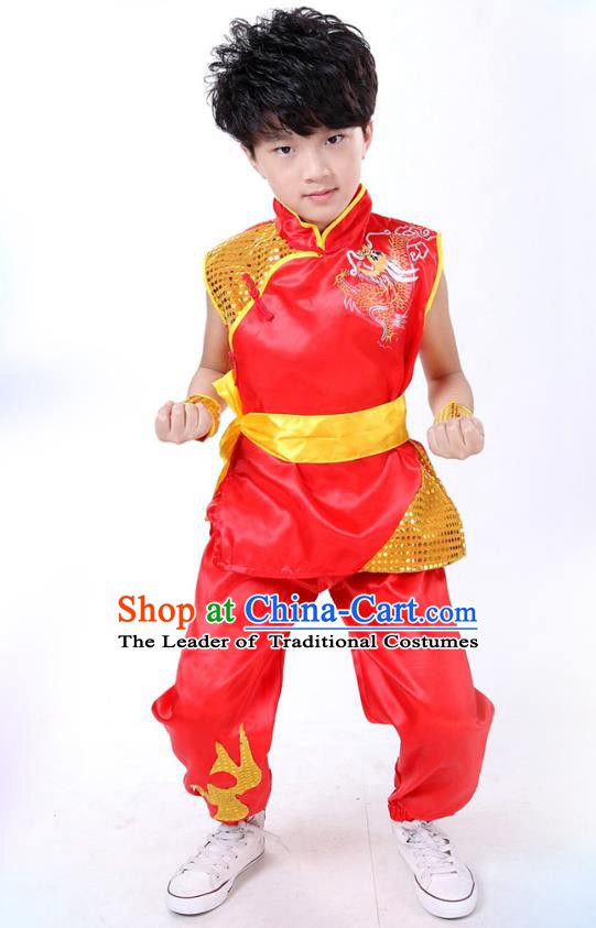 Traditional Chinese Yangge Dance Costume, Folk Dance Lion Dance Short Sleeve Red Uniform Yangko Clothing for Kids