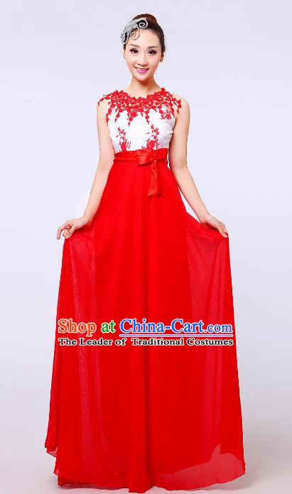 Traditional Chinese Modern Dance Compere Costume, Chorus Singing Group Red Dress for Women