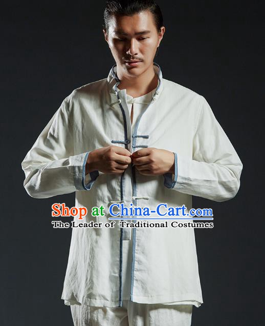 Chinese Kung Fu Costume Plated Buttons White Linen Shirts Martial Arts Gongfu Wushu Tang SuitsTai Chi Clothing for Men