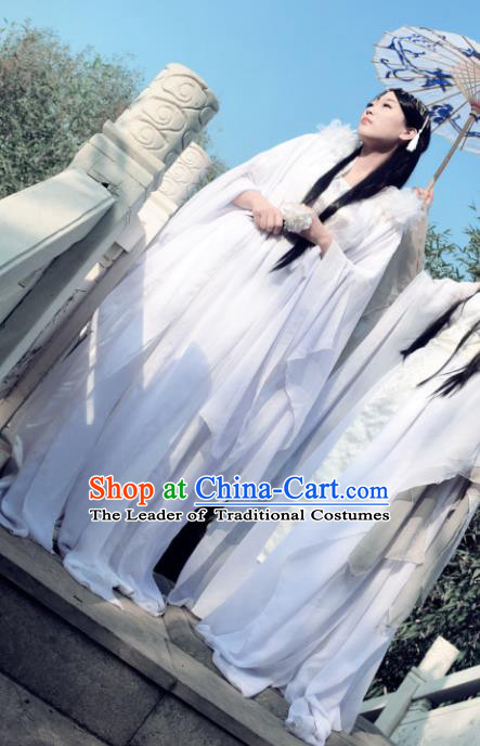Chinese Ancient Female Knight Costume Cosplay Princess Fairy White Dress Hanfu Clothing for Women
