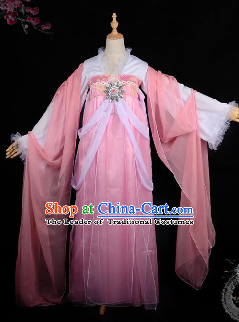 Chinese Ancient Palace Lady Ink Painting Costume Cosplay Swordswoman Pink Dress Hanfu Clothing for Women