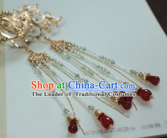 Traditional Chinese Ancient Red Beads Tassel Step Shake Classical Hair Accessories Handmade Hairpins for Women