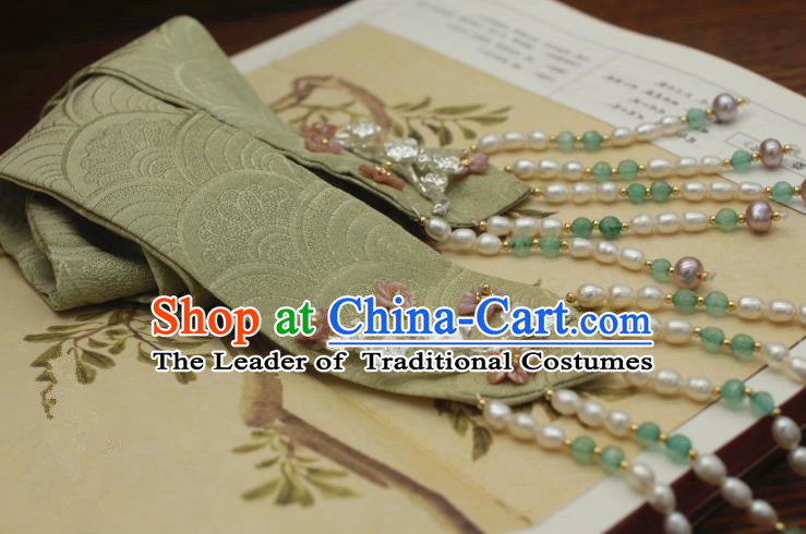 Traditional Chinese Ancient Hair Accessories Handmade Green Silk Headband Hairpins for Women