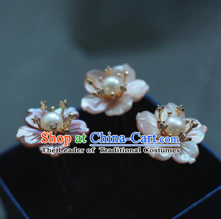 Traditional Chinese Ancient Handmade Classical Hair Accessories Pink Shell Flowers Hairpins for Women