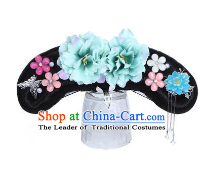 Chinese Ancient Manchu Princess Hair Accessories Wig and Green Peony Hairpins Traditional Qing Dynasty Palace Lady Headwear for Kids