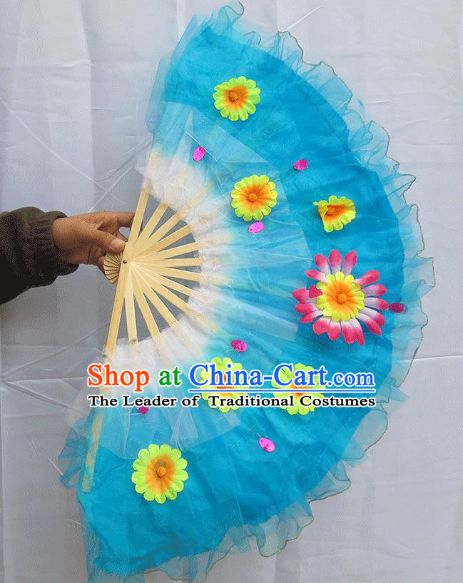 Chinese Traditional Folk Dance Folding Fans Classical Yangko Dance Blue Silk Fans for Women