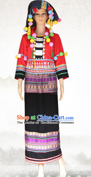 Traditional Chinese Wa Nationality Dance Costume and Headwear, China Ethnic Minority Embroidery Clothing and Headdress for Women