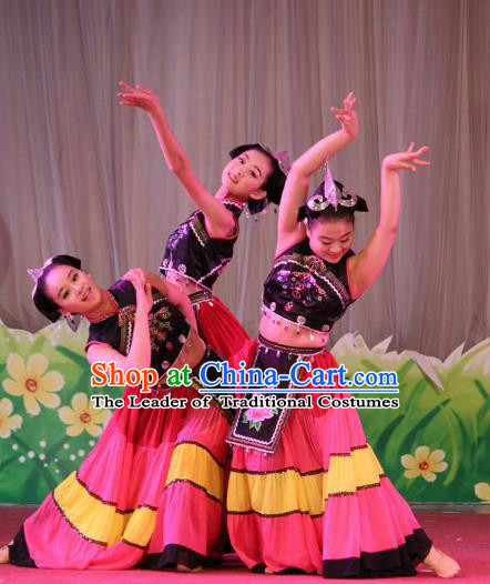 Chinese Traditional Yi Ethnic Stage Performance Costume, China Nationality Folk Dance Clothing for Children