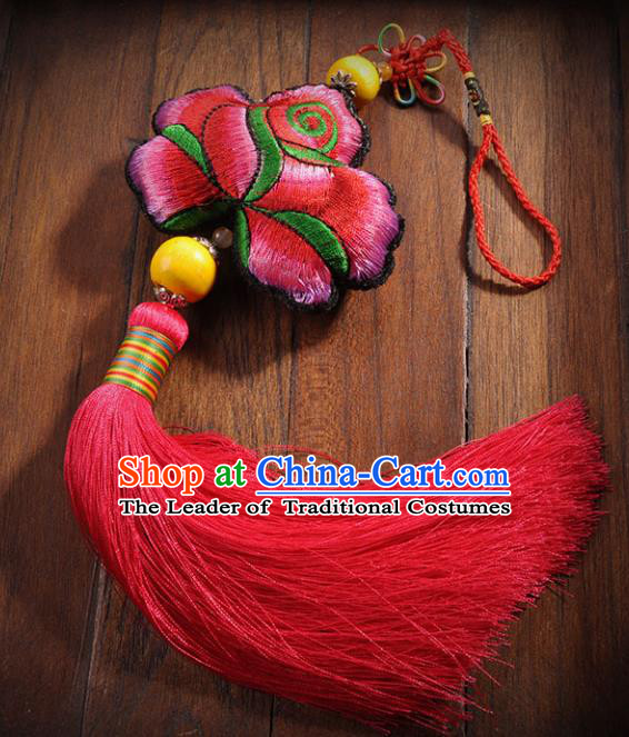 Chinese Traditional Red Tassel Embroidery Pendant Classical Handmade Embroidered Lotus Craft for Women