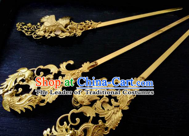 Chinese Traditional Ancient Hair Accessories Classical Hairpins Golden Phoenix Hair Stick Headwear for Women
