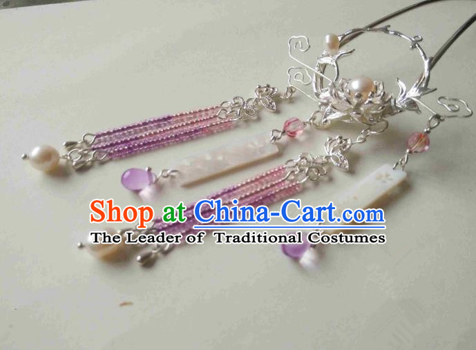 Chinese Traditional Ancient Hair Accessories Classical Purple Beads Tassel Hair Clip Hanfu Hairpins for Women
