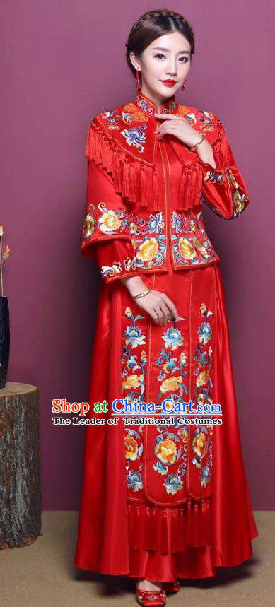 Chinese Traditional Wedding Dress Costume Red Bottom Drawer, China Ancient Bride Embroidered Xiuhe Suit for Women