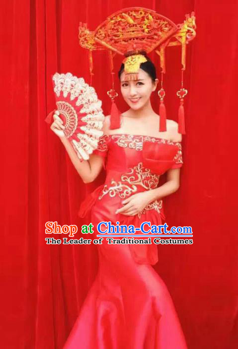 Top Grade Chinese Traditional Stage Performance Costumes Modern Fancywork Clothing Catwalks Full Dress and Headwear for Women