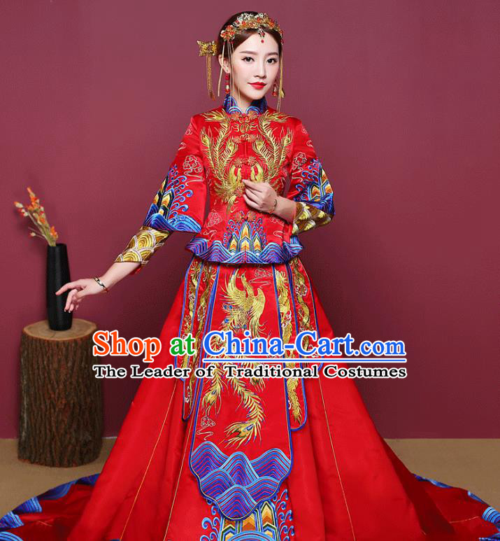 Chinese Ancient Wedding Costume Bride Finery Toast Clothing, China Traditional Delicate Embroidered Trailing Xiuhe Suits for Women