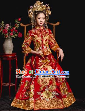 Chinese Ancient Wedding Costume Bride Toast Cheongsam, China Traditional Delicate Embroidered Xiuhe Suits for Women