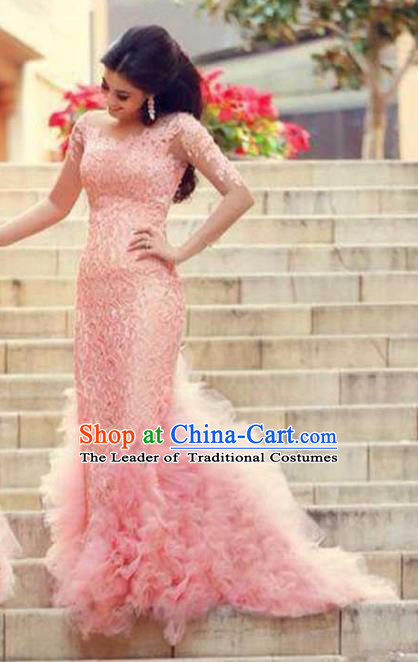 Top Grade Stage Performance Costumes Pink Trailing Evening Dresses Modern Fancywork Full Dress for Women