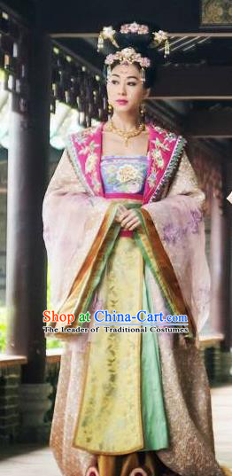 Ancient Chinese Tang Dynasty Imperial Empress Wang Embroidered Costumes Palace Queen Hanfu Dress for Women