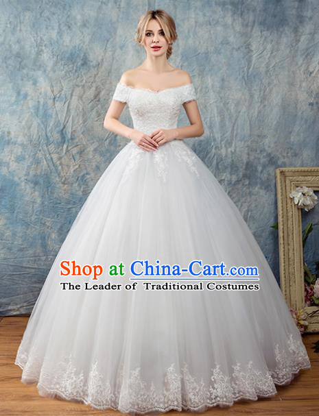 Top Grade Advanced Customization Flat Shouders White Veil Bubble Dress Wedding Dress Compere Bridal Full Dress for Women