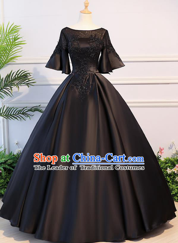 Top Grade Advanced Customization Evening Dress Black Satin Wedding Dress Compere Bridal Full Dress for Women