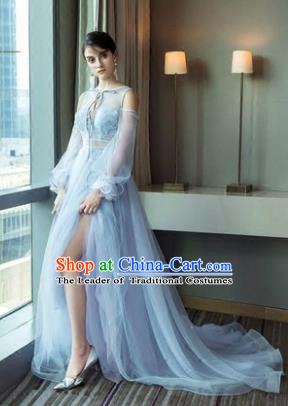 Top Grade Advanced Customization Blue Evening Dress Trailing Wedding Dress Compere Bridal Full Dress for Women