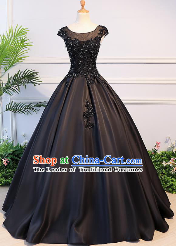 Top Grade Advanced Customization Evening Dress Black Satin Wedding Dress Compere Bridal Full Dress for Women