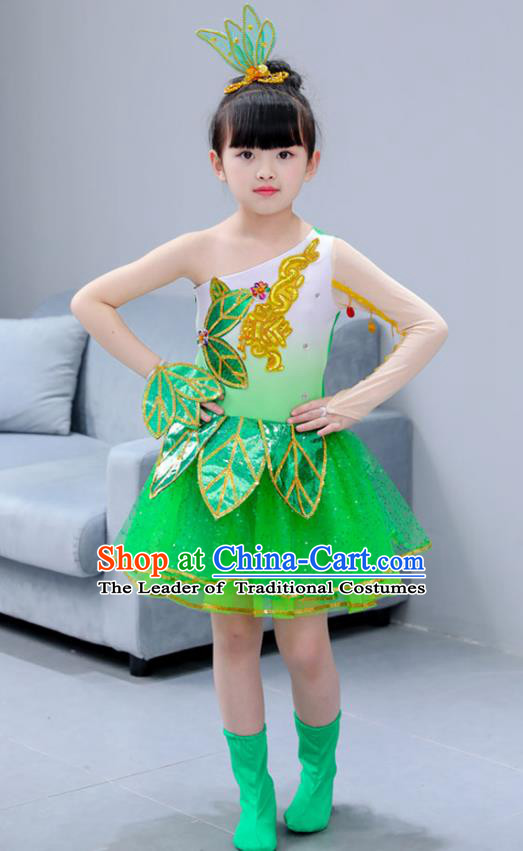 Top Grade Chorus Stage Performance Costumes Children Modern Lotus Dance Green Dress Modern Fancywork Clothing for Kids