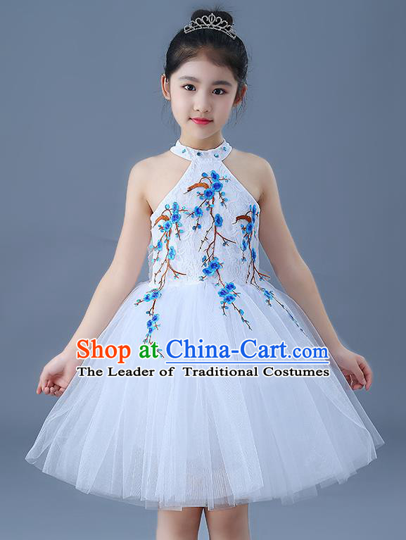 Top Grade Chorus Costumes Children Modern Dance Embroidered Blue Plum Blossom Bubble Dress for Kids