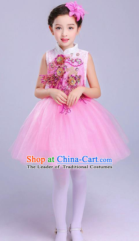 Top Grade Chorus Costumes Children Modern Dance Embroidered Paillette Pink Bubble Dress for Kids