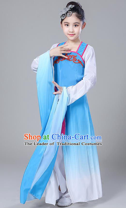 Chinese Traditional Folk Dance Costumes Children Classical Dance Yangko Water Sleeve Blue Clothing for Kids