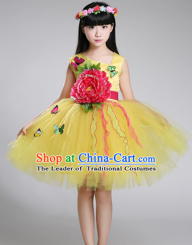 Top Grade Chorus Stage Performance Costumes Peony Flower Yellow Bubble Dress Children Modern Dance Clothing for Kids