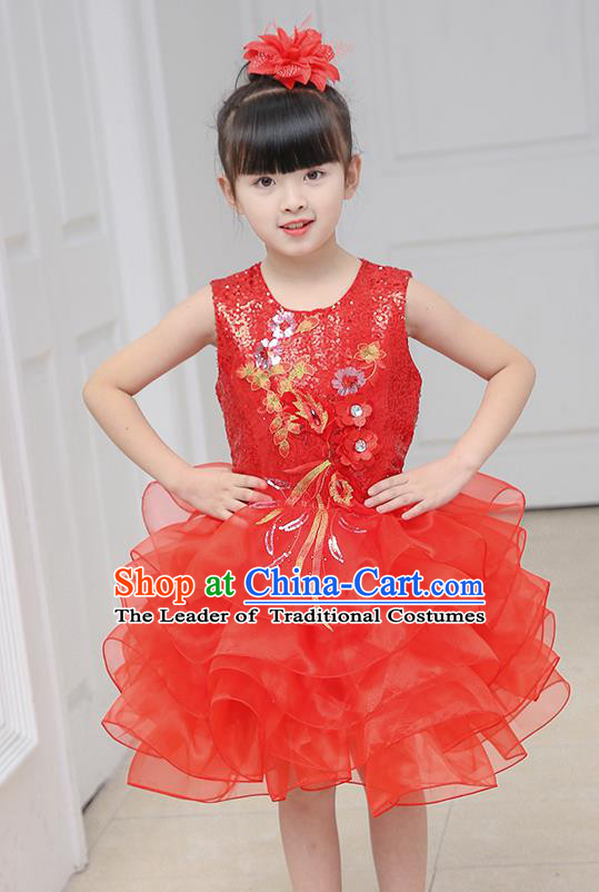 Top Grade Chorus Costumes Stage Performance Red Sequins Bubble Dress Children Modern Dance Clothing for Kids