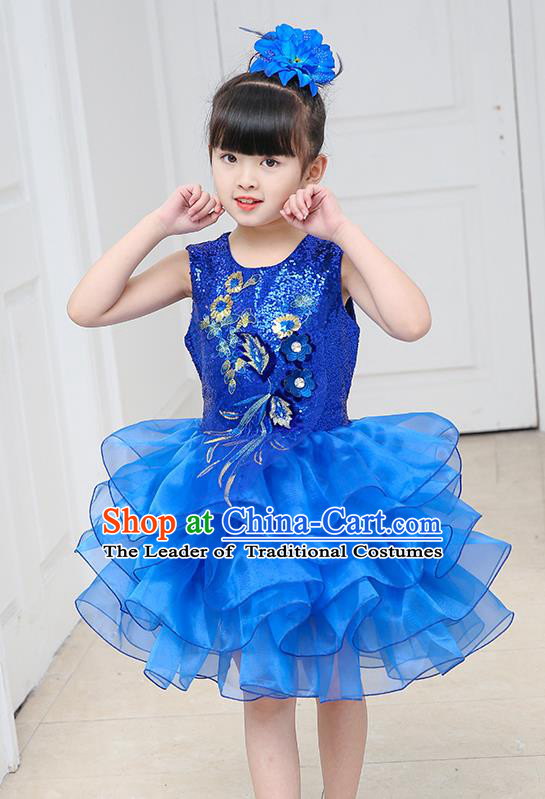 Top Grade Chorus Costumes Stage Performance Royalblue Sequins Bubble Dress Children Modern Dance Clothing for Kids