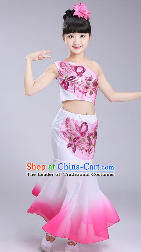 Chinese Traditional Folk Dance Costumes Dai Nationality Pavane Pink Dress Children Classical Peacock Dance Clothing for Kids