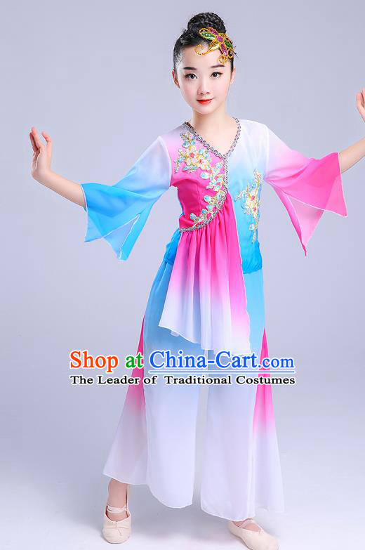 Chinese Traditional Folk Dance Yangko Blue Costumes Children Classical Dance Fan Dance Clothing for Kids
