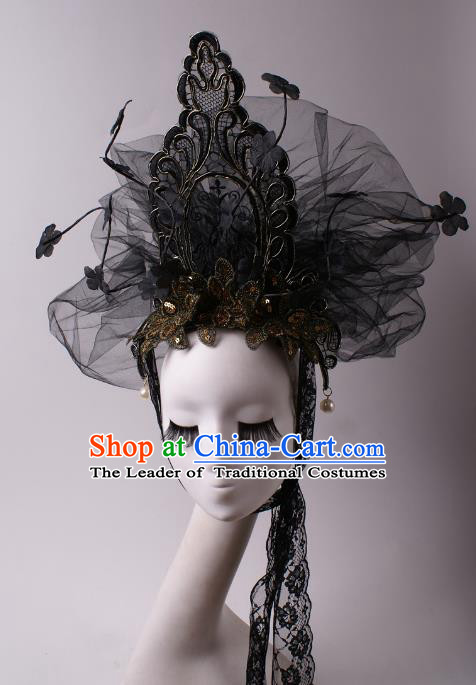 Top Grade Halloween Hair Accessories Stage Performance Modern Fancywork Headwear Black Veil Headdress