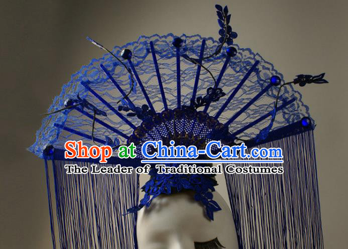 Top Grade Catwalks Queen Blue Lace Hair Accessories China Style Stage Performance Modern Fancywork Headwear