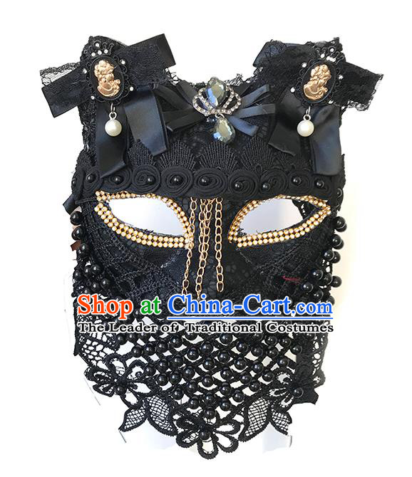 Halloween Catwalks Venice Face Mask Fancy Ball Black Beads Lace Masks Christmas Exaggerated Feather Masks