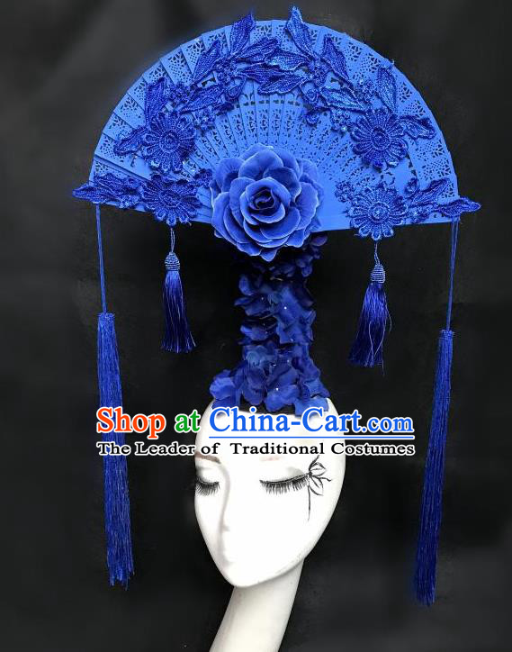 Top Grade Chinese Traditional Catwalks Hair Accessories Exaggerated Palace Blue Fan-Shape Headdress Halloween Modern Fancywork Headwear