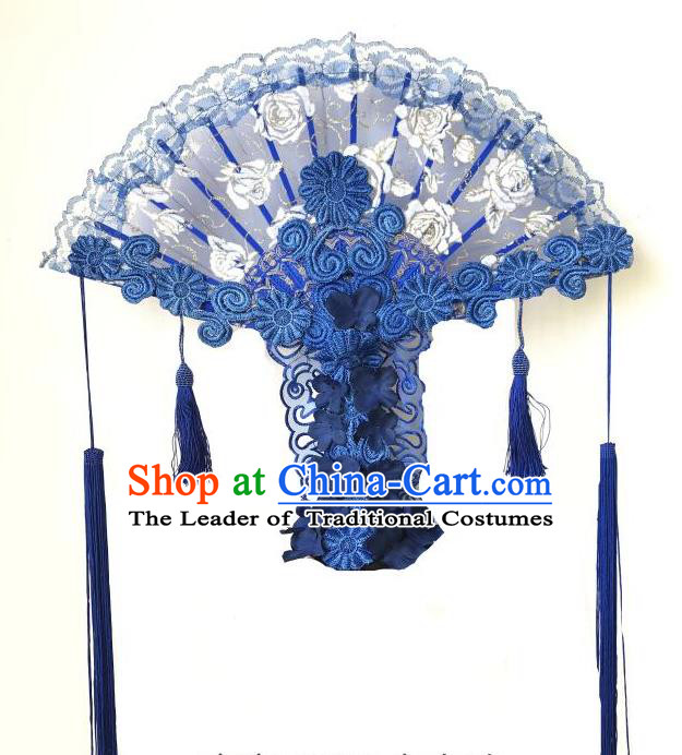 Top Grade Chinese Traditional Catwalks Hair Accessories Exaggerated Palace Pincess Blue Lace Headdress Halloween Modern Fancywork Headwear