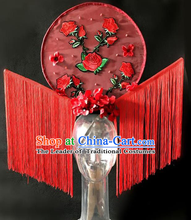 Top Grade Chinese Traditional Catwalks Tassel Hair Accessories Exaggerated Palace Pincess Red Embroidered Headdress Halloween Modern Fancywork Headwear