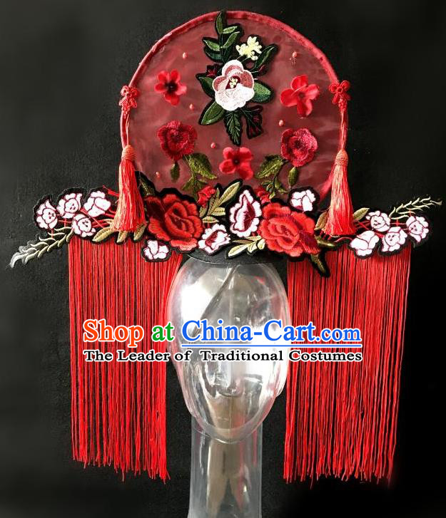 Top Grade Chinese Traditional Catwalks Tassel Hair Accessories Exaggerated Palace Pincess Red Embroidered Flowers Headdress Halloween Modern Fancywork Headwear